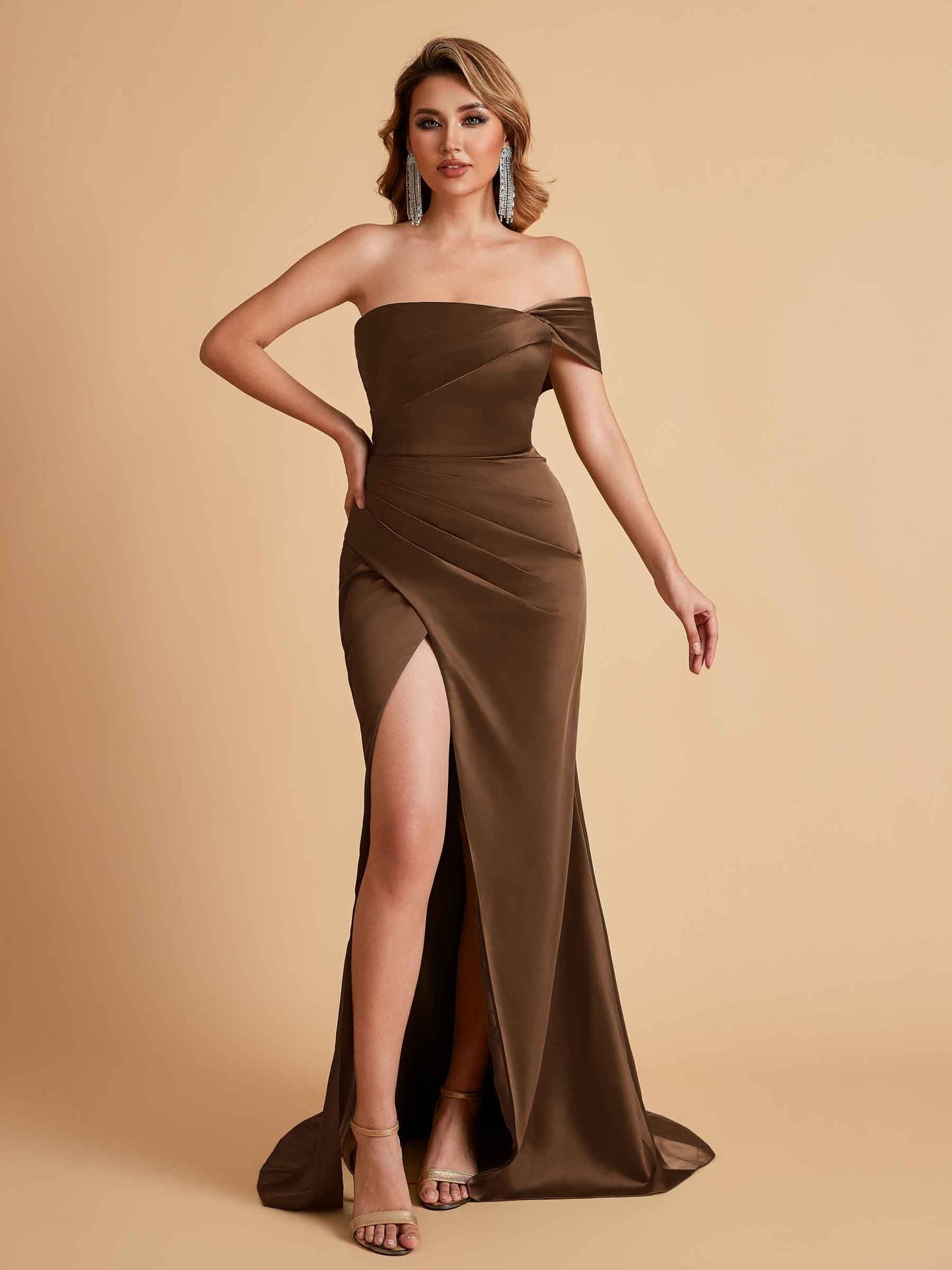 Sexy Satin One Shoulder Pleats Mermaid Bridesmaid Dresses Side Slit Floor Length
