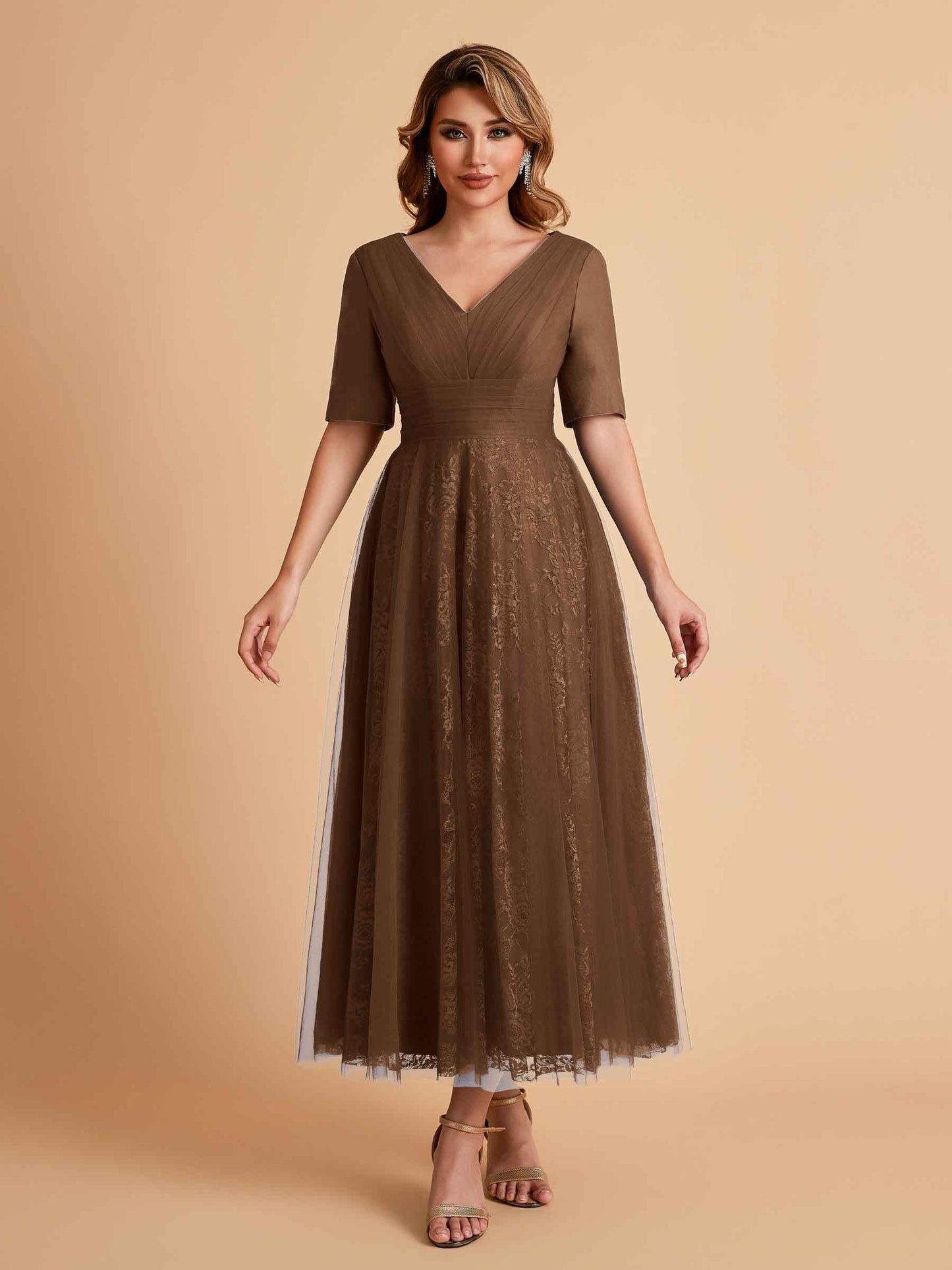 Elegant A-line Half Sleeves V-neck Mother of the Brides Dresses Online