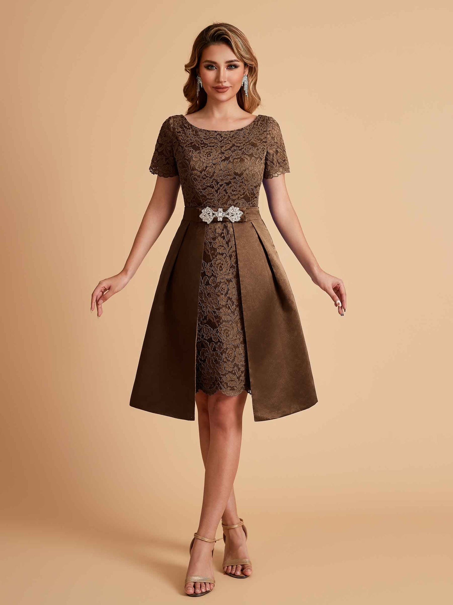 Elegant A-line Short Sleeves Jewel Knee Length Mother of the Brides Dresses