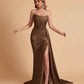 Sexy Satin Sleeveless Pleats Mermaid Bridesmaid Dresses Side Slit Floor Length