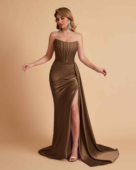 Sexy Satin Sleeveless Pleats Mermaid Bridesmaid Dresses Side Slit Floor Length