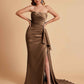 Sexy Satin Side Slit Strapless Pleats Floor Length Mermaid Bridesmaid Dresses