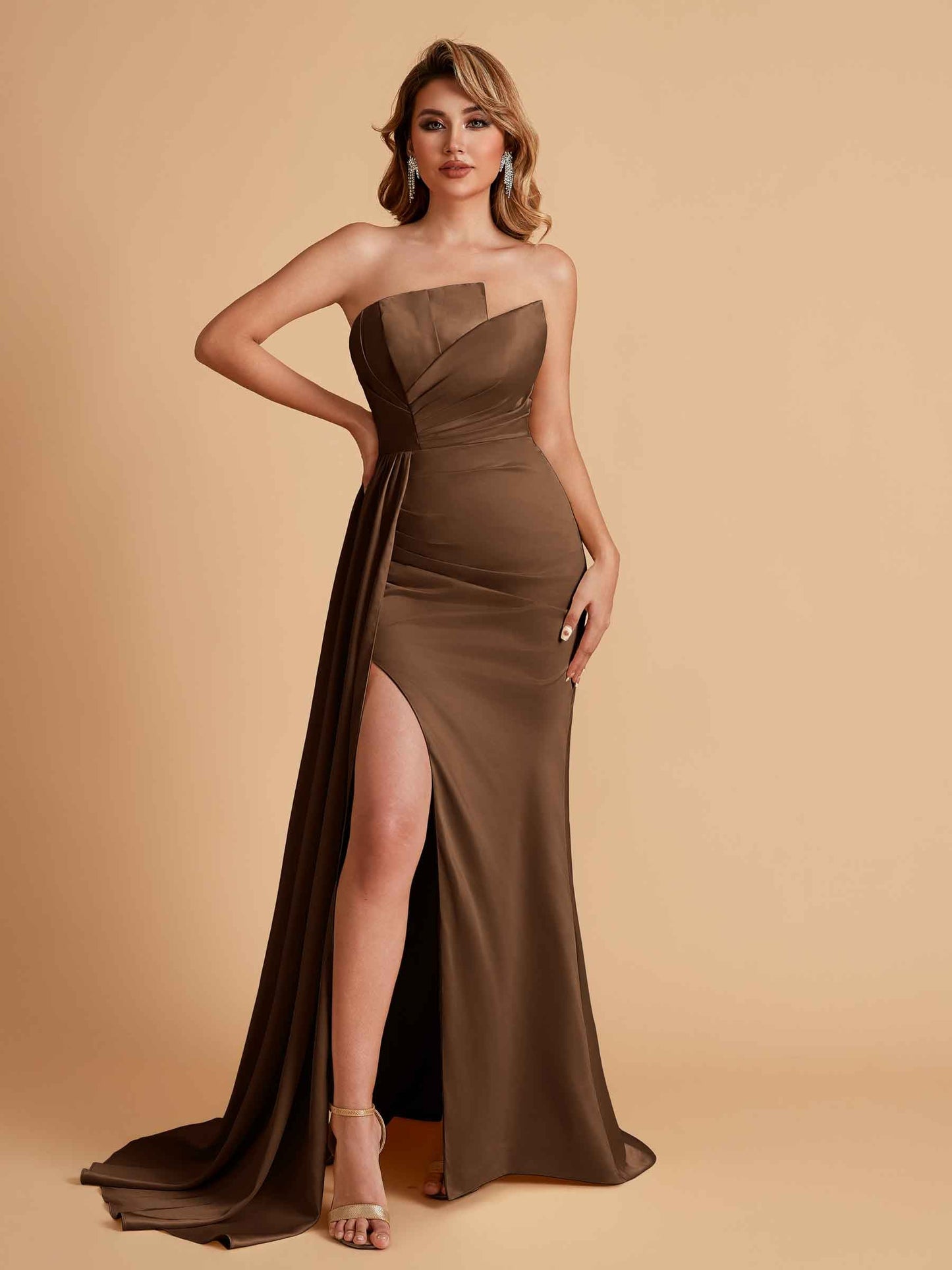 Elegant Satin Sleeveless Asymmetrical Mermaid Side Slit Floor Length Bridesmaid Dresses