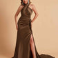 Elegant Satin Halter Pleats Side Slit Mermaid Bridesmaid Dresses Floor-Length