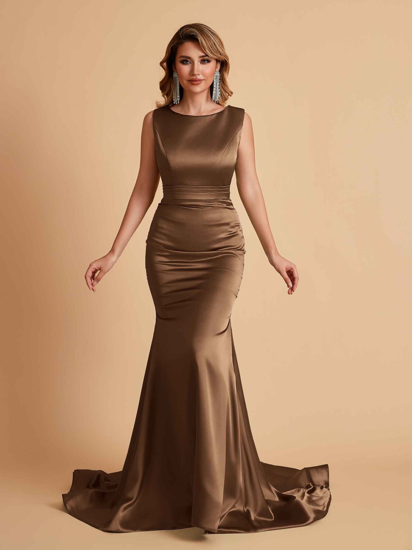 Elegant Satin Sleeveless Pleats Mermaid Bridesmaid Dresses Floor Length