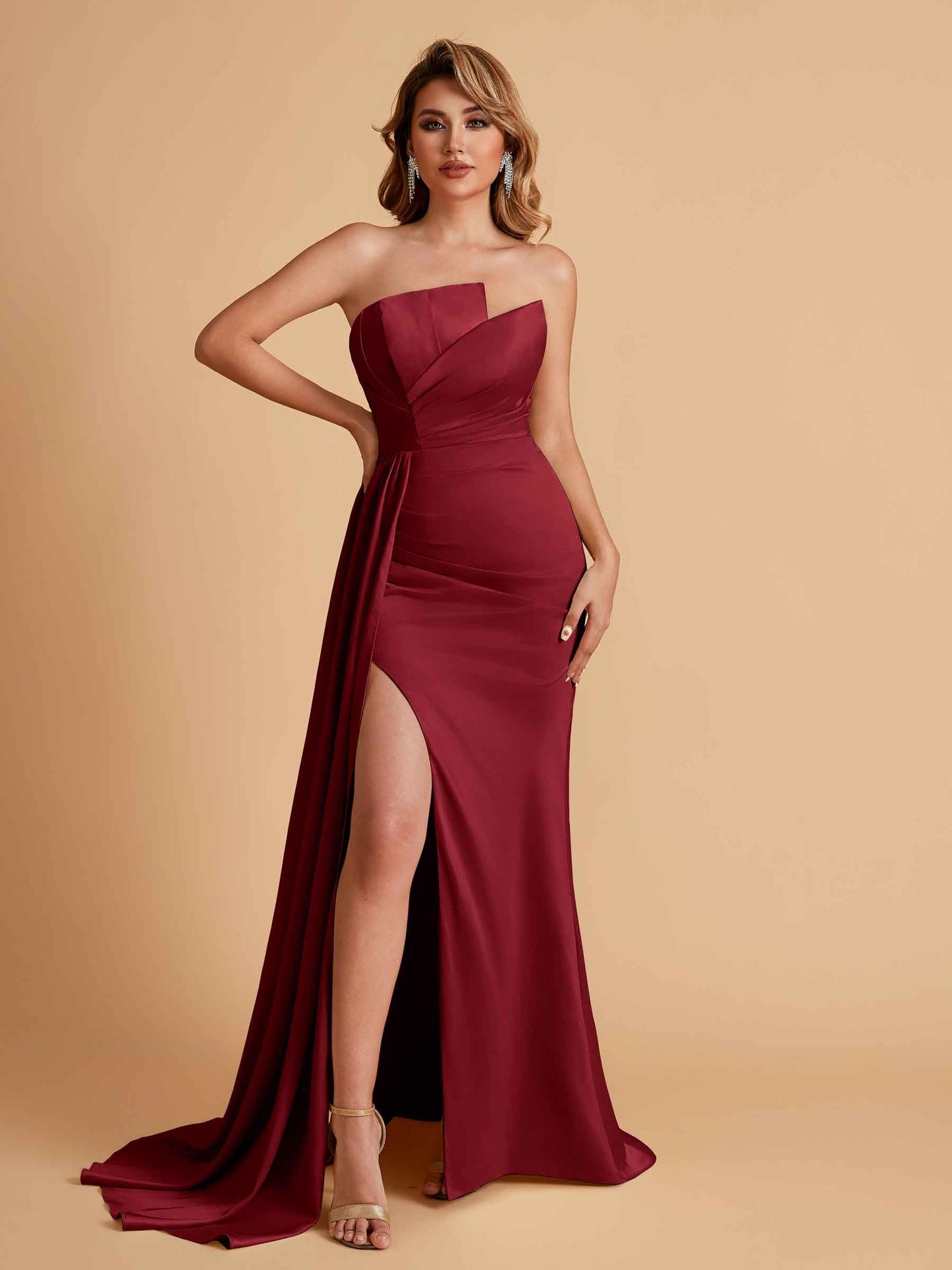 Elegant Satin Sleeveless Asymmetrical Mermaid Side Slit Floor Length Bridesmaid Dresses
