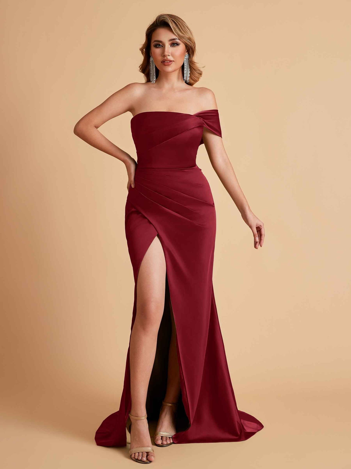 Sexy Satin One Shoulder Pleats Mermaid Bridesmaid Dresses Side Slit Floor Length