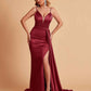 Sexy Satin Mermaid Spaghetti Straps V-neck Side Slit Long Bridesmaid Dresses