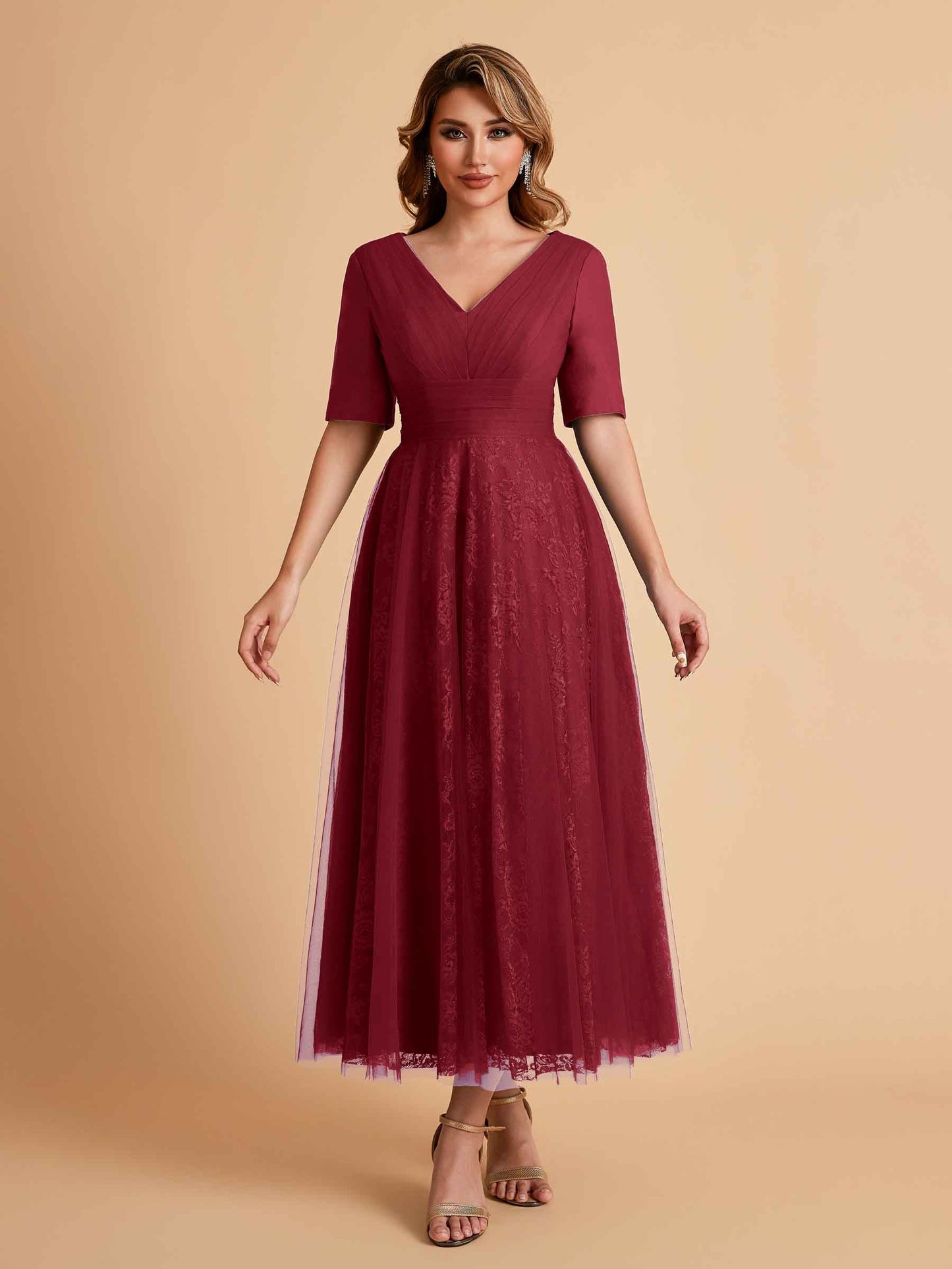Elegant A-line Half Sleeves V-neck Mother of the Brides Dresses Online