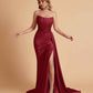 Sexy Satin Sleeveless Pleats Mermaid Bridesmaid Dresses Side Slit Floor Length