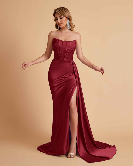 Sexy Satin Sleeveless Pleats Mermaid Bridesmaid Dresses Side Slit Floor Length