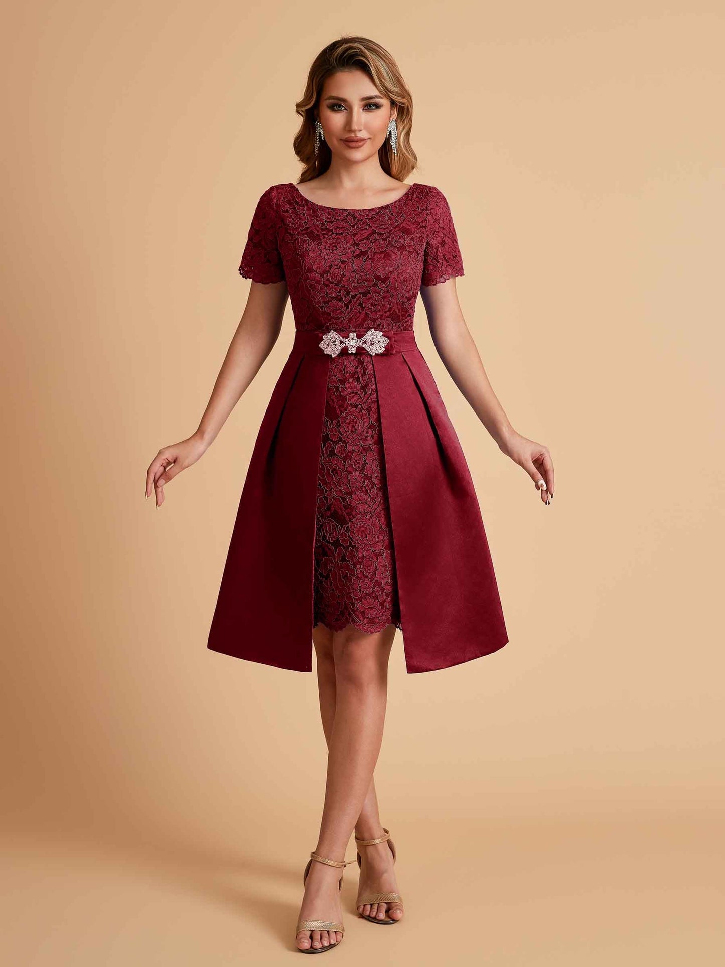 Elegant A-line Short Sleeves Jewel Knee Length Mother of the Brides Dresses