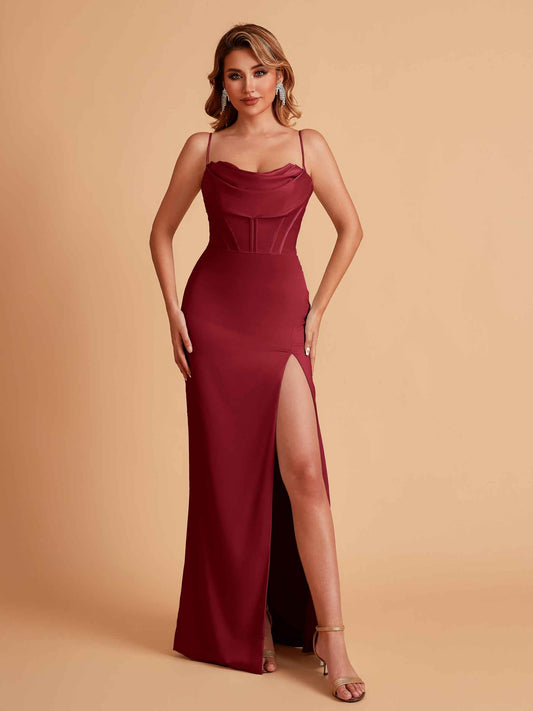 Elegant Satin Spaghetti Straps Mermaid Side Slit Floor Length Bridesmaid Dresses