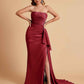 Sexy Satin Side Slit Strapless Pleats Floor Length Mermaid Bridesmaid Dresses