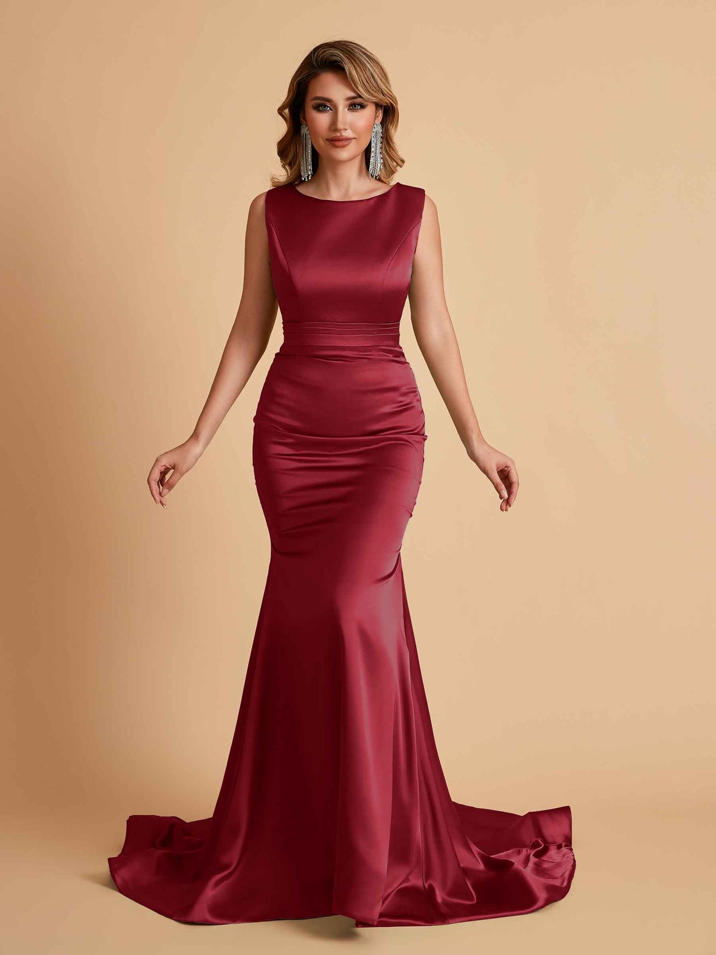 Elegant Satin Sleeveless Pleats Mermaid Bridesmaid Dresses Floor Length