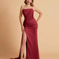 Elegant Satin Straight Neck Mermaid Side Slit Floor Length Bridesmaid Dresses