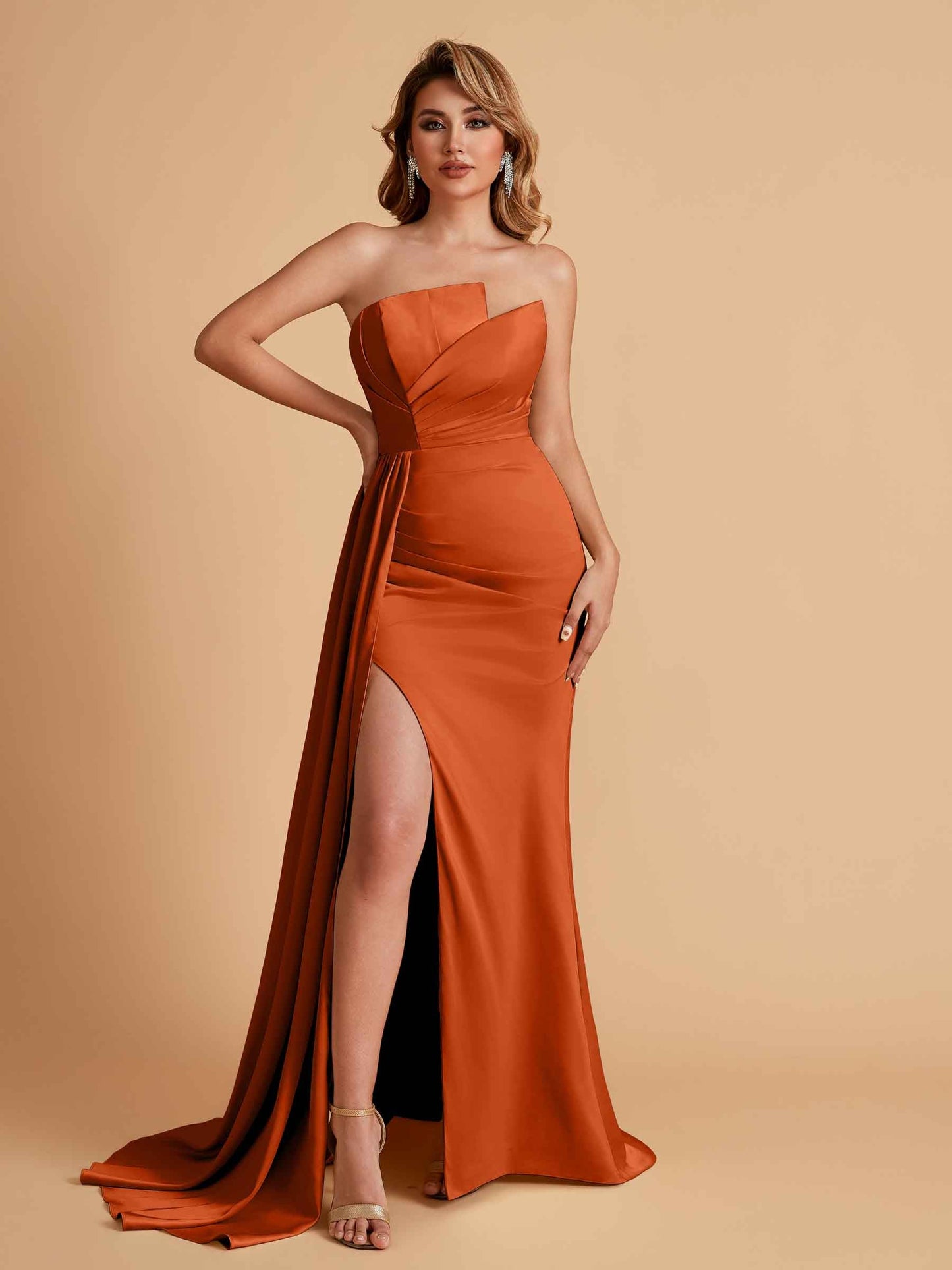 Elegant Satin Sleeveless Asymmetrical Mermaid Side Slit Floor Length Bridesmaid Dresses