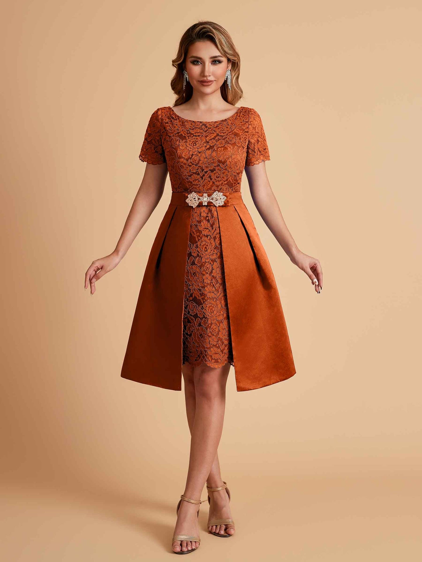 Elegant A-line Short Sleeves Jewel Knee Length Mother of the Brides Dresses