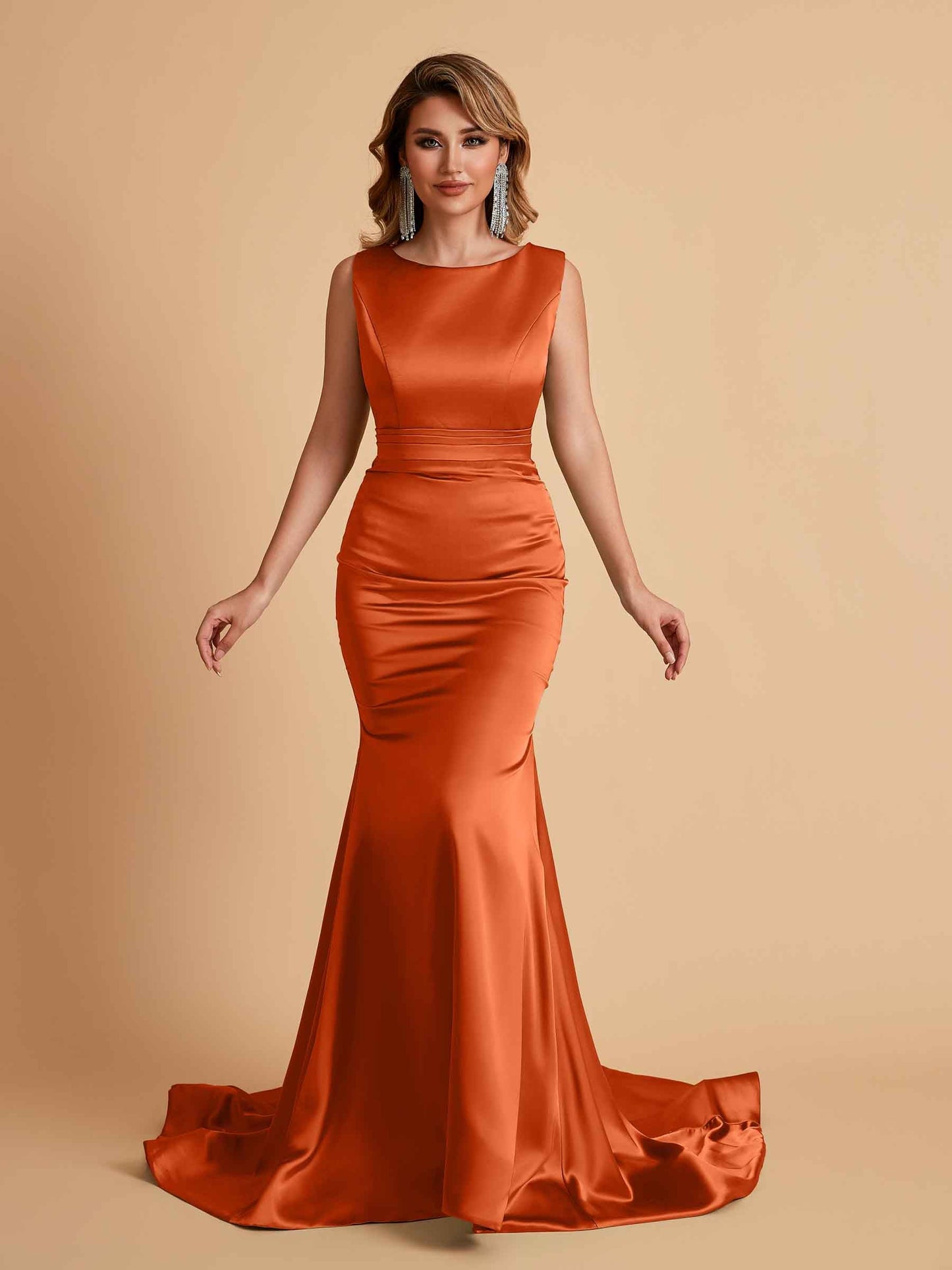 Elegant Satin Sleeveless Pleats Mermaid Bridesmaid Dresses Floor Length