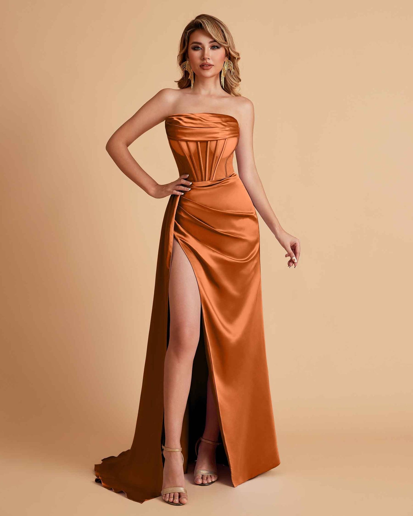 Sexy Satin Strapless Pleats Mermaid Bridesmaid Dresses Side Slit Floor Length
