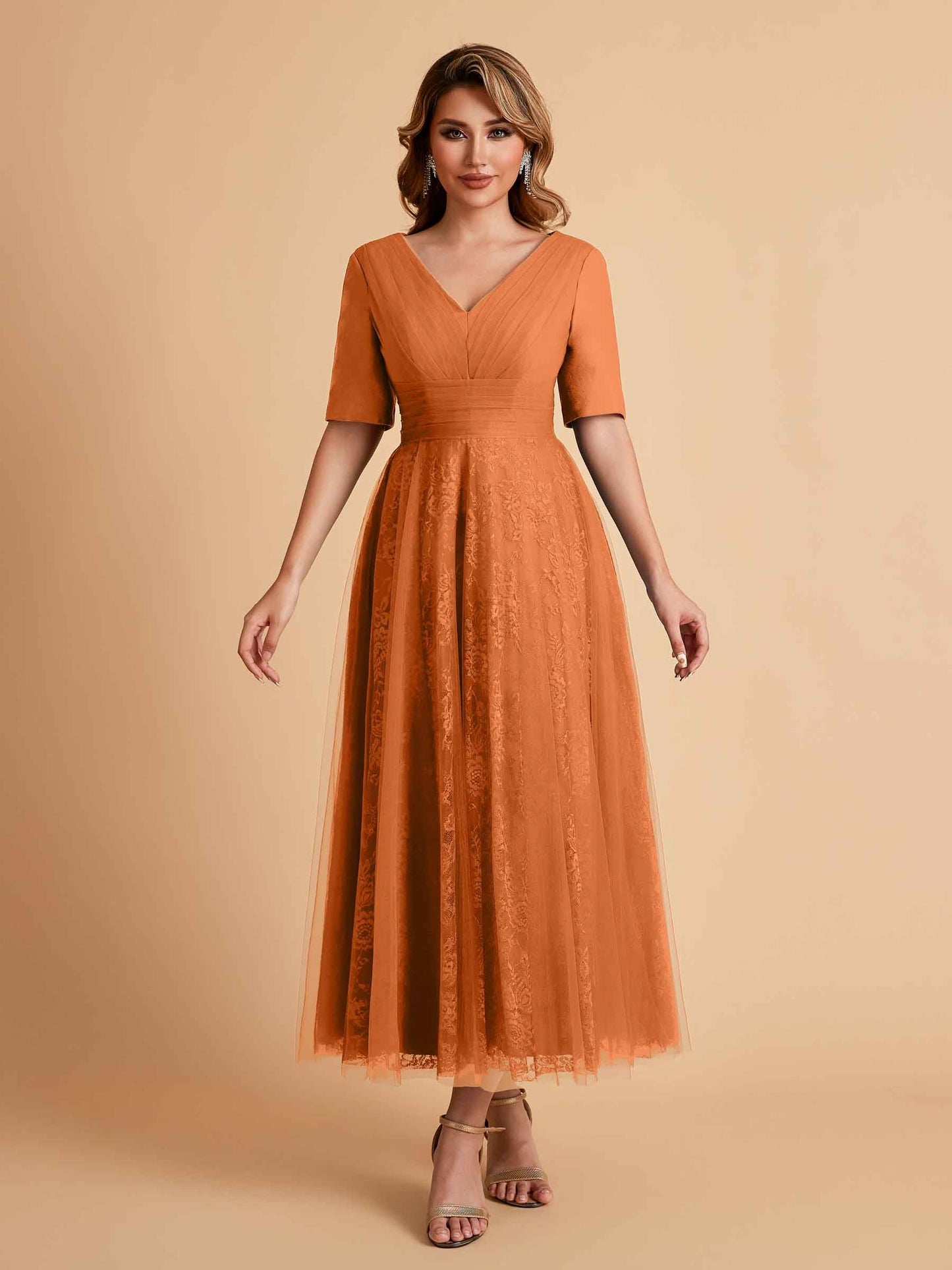 Elegant A-line Half Sleeves V-neck Mother of the Brides Dresses Online