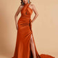 Elegant Satin Halter Pleats Side Slit Mermaid Bridesmaid Dresses Floor-Length