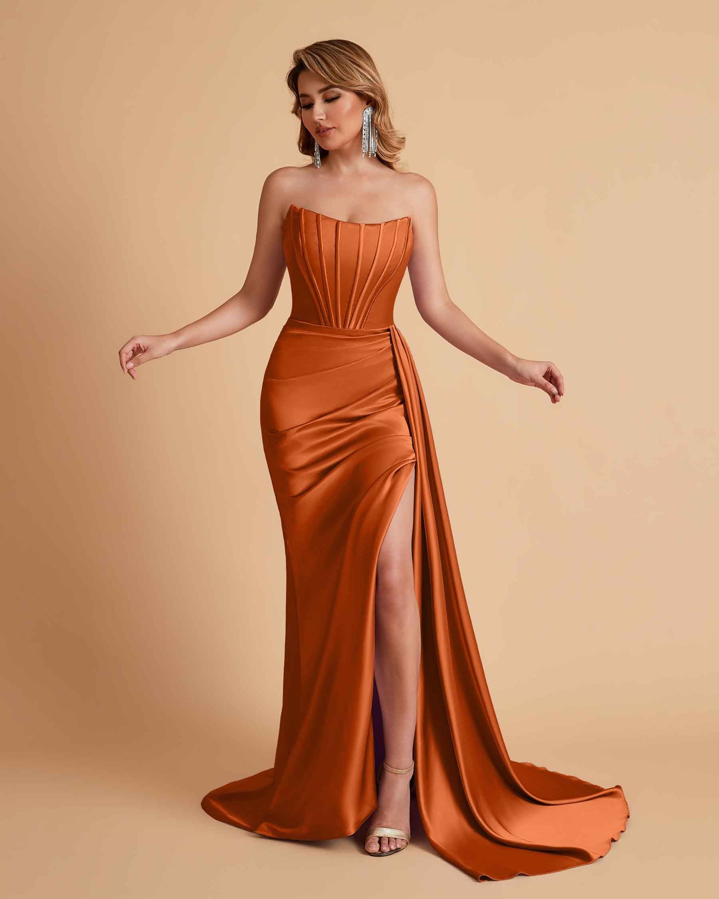 Sexy Satin Sleeveless Pleats Mermaid Bridesmaid Dresses Side Slit Floor Length