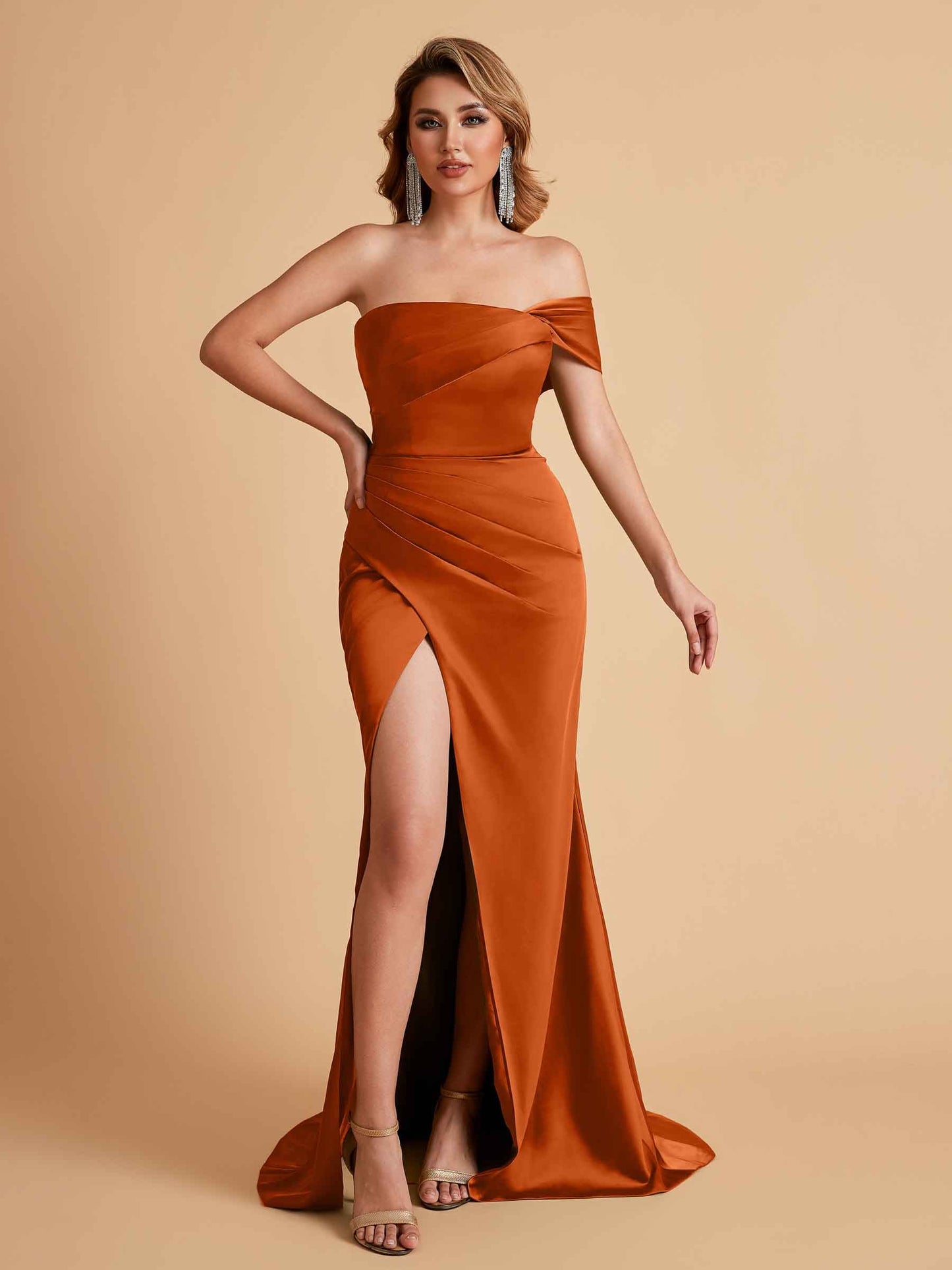Sexy Satin One Shoulder Pleats Mermaid Bridesmaid Dresses Side Slit Floor Length