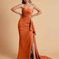 Sexy Satin Side Slit Strapless Pleats Floor Length Mermaid Bridesmaid Dresses