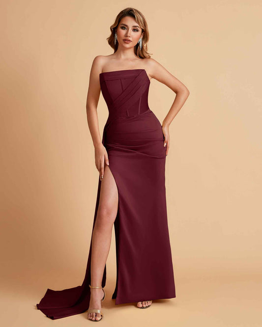 Elegant Satin Straight Neck Mermaid Side Slit Floor Length Bridesmaid Dresses
