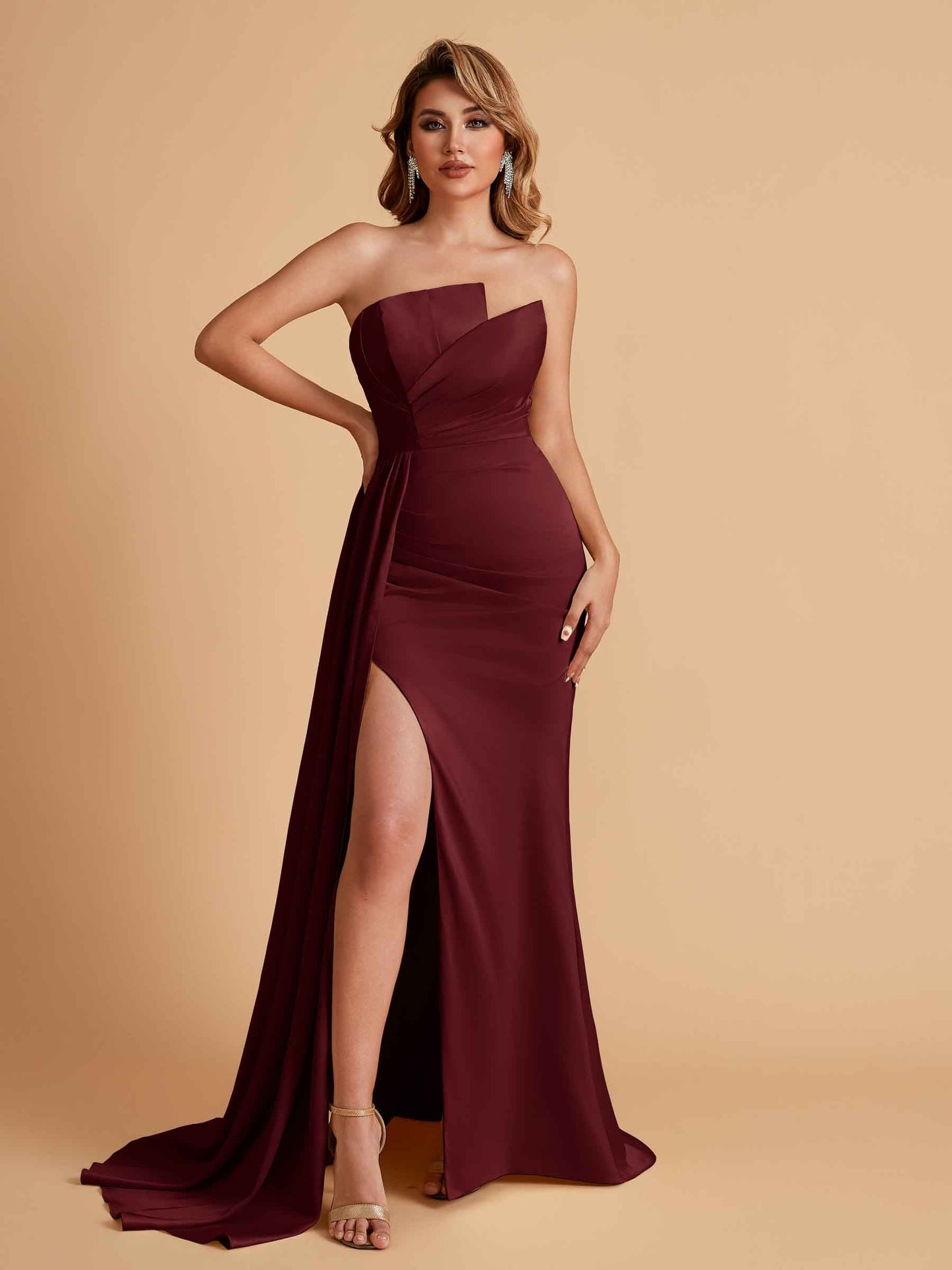 Elegant Satin Sleeveless Asymmetrical Mermaid Side Slit Floor Length Bridesmaid Dresses