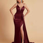 Sexy Satin Mermaid Spaghetti Straps V-neck Side Slit Long Bridesmaid Dresses