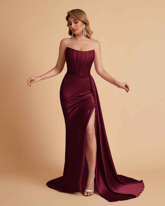 Sexy Satin Sleeveless Pleats Mermaid Bridesmaid Dresses Side Slit Floor Length