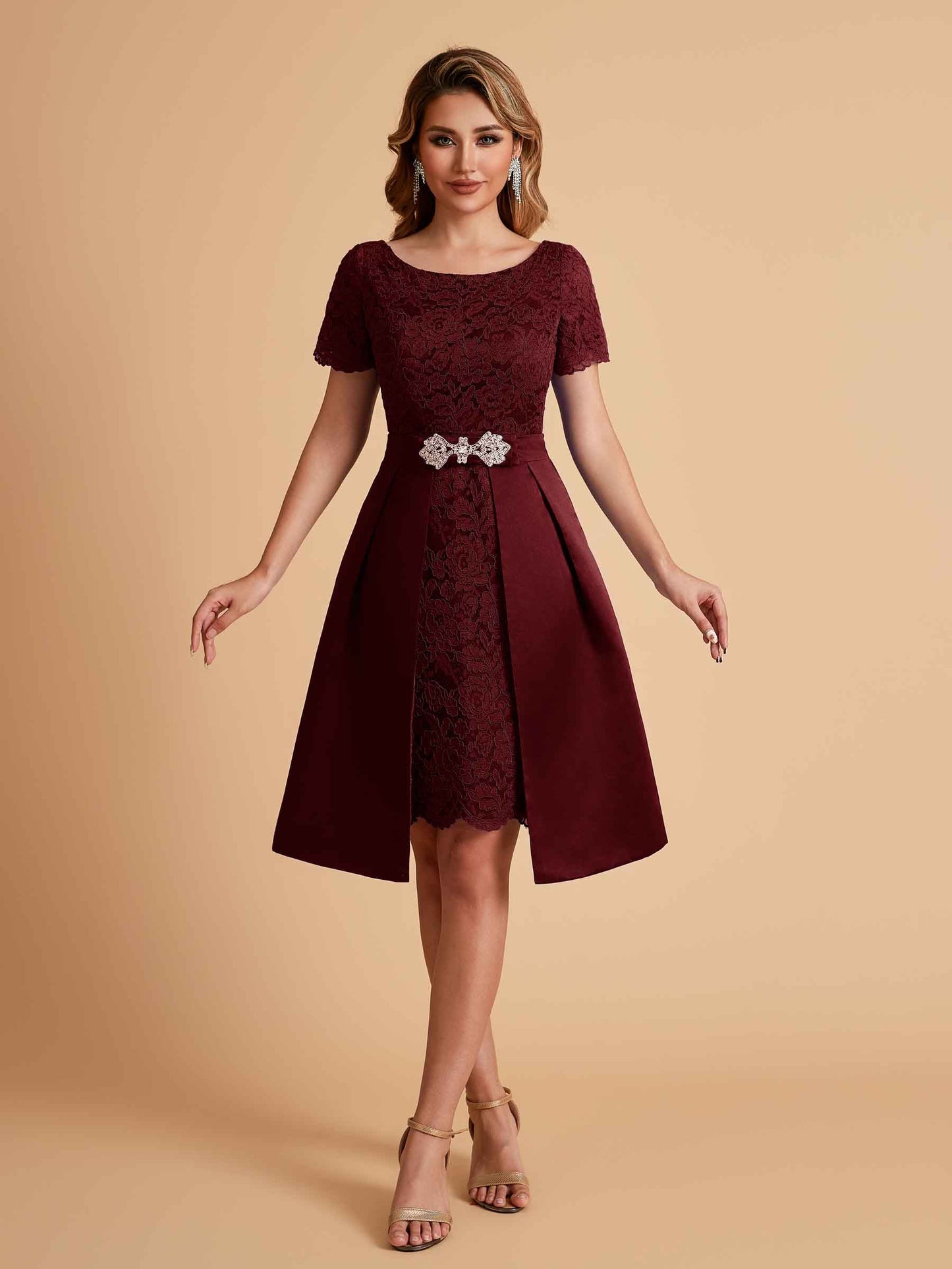 Elegant A-line Short Sleeves Jewel Knee Length Mother of the Brides Dresses