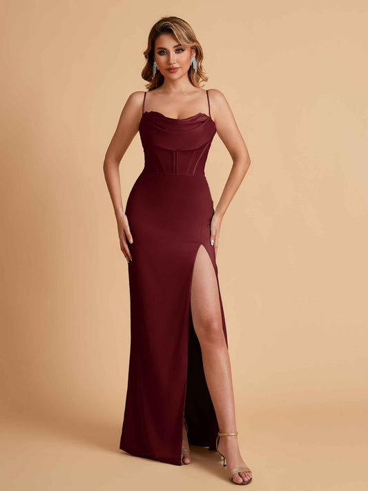 Elegant Satin Spaghetti Straps Mermaid Side Slit Floor Length Bridesmaid Dresses