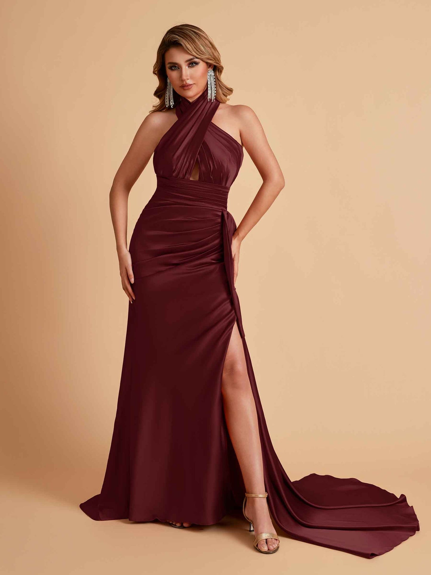 Elegant Satin Halter Pleats Side Slit Mermaid Bridesmaid Dresses Floor-Length