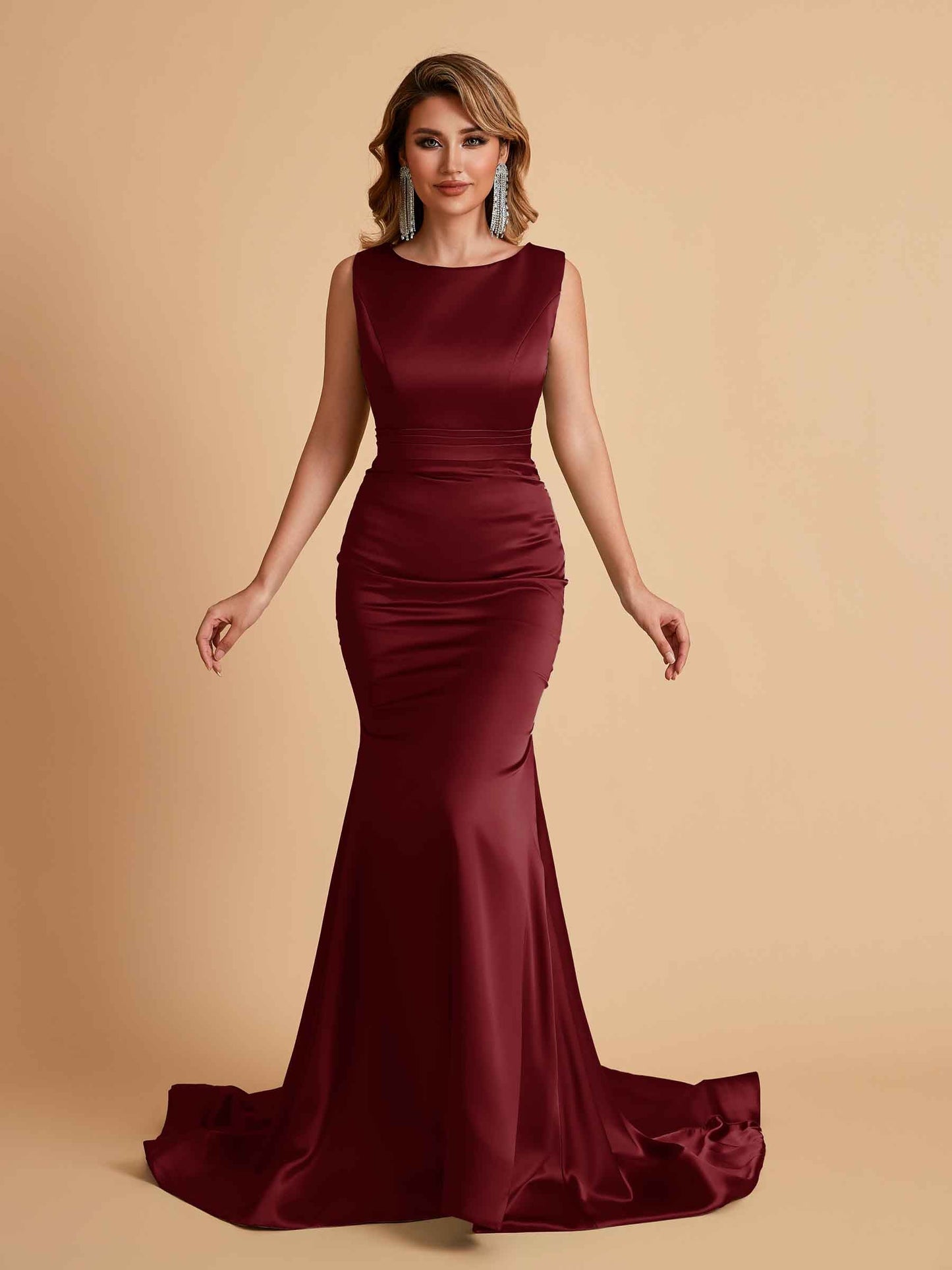 Elegant Satin Sleeveless Pleats Mermaid Bridesmaid Dresses Floor Length