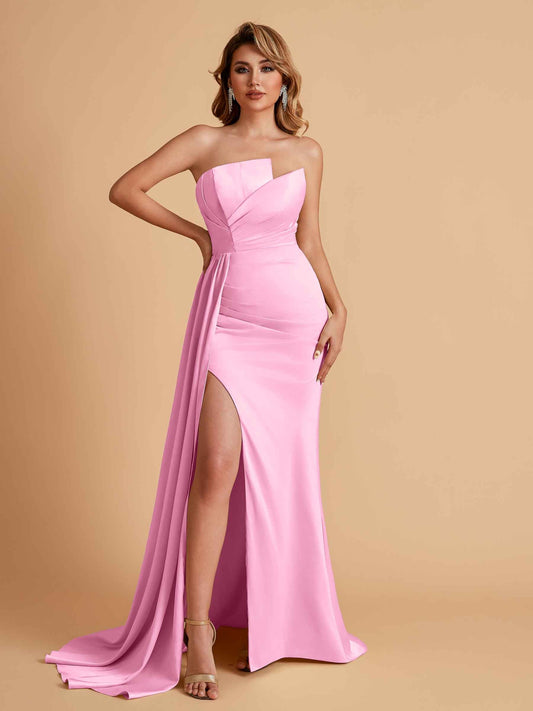 Elegant Satin Sleeveless Asymmetrical Mermaid Side Slit Floor Length Bridesmaid Dresses