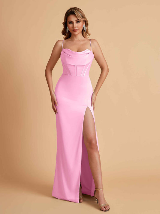 Elegant Satin Spaghetti Straps Mermaid Side Slit Floor Length Bridesmaid Dresses