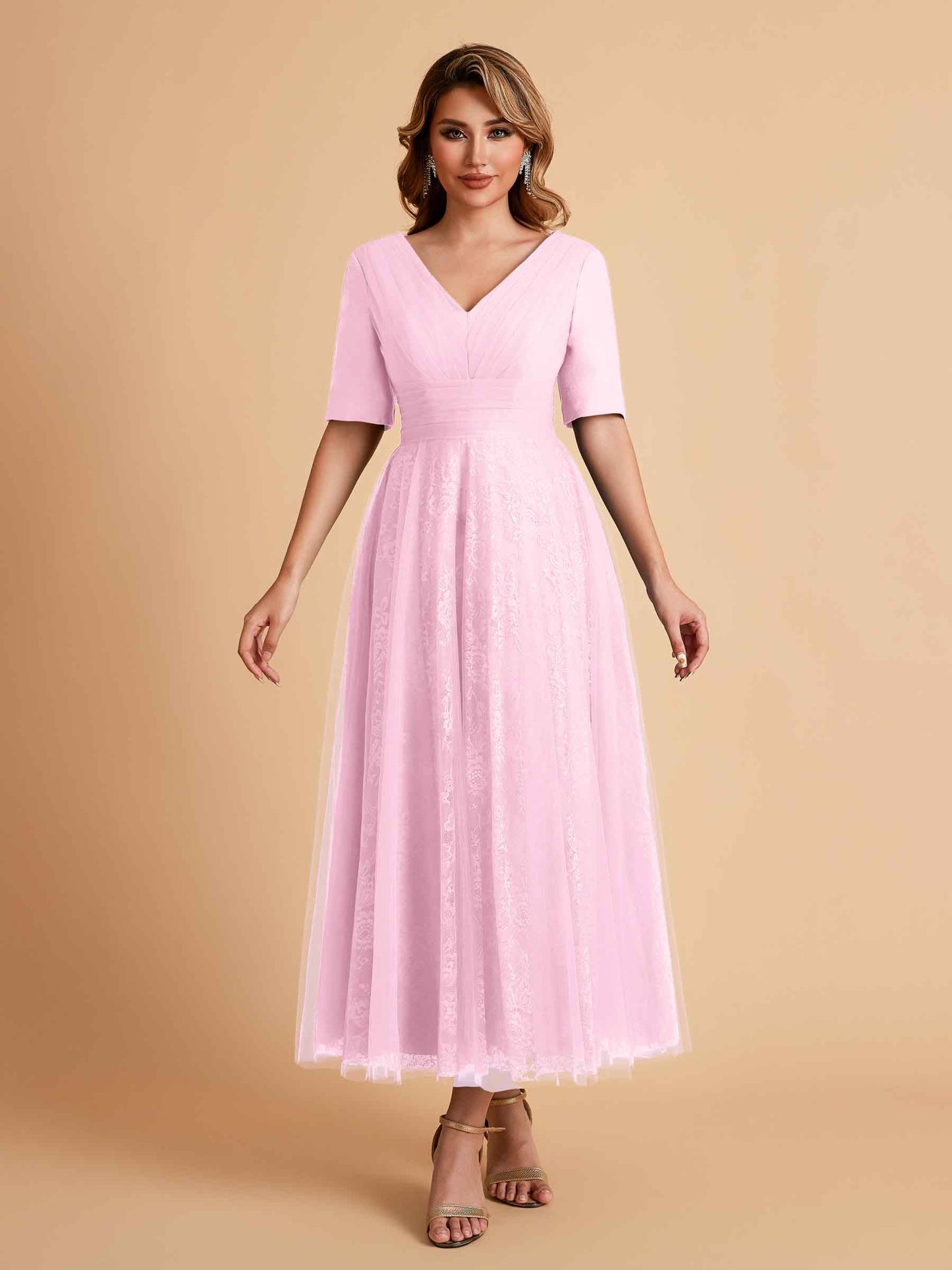 Elegant A-line Half Sleeves V-neck Mother of the Brides Dresses Online