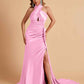 Elegant Satin Halter Pleats Side Slit Mermaid Bridesmaid Dresses Floor-Length