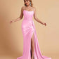 Sexy Satin Sleeveless Pleats Mermaid Bridesmaid Dresses Side Slit Floor Length