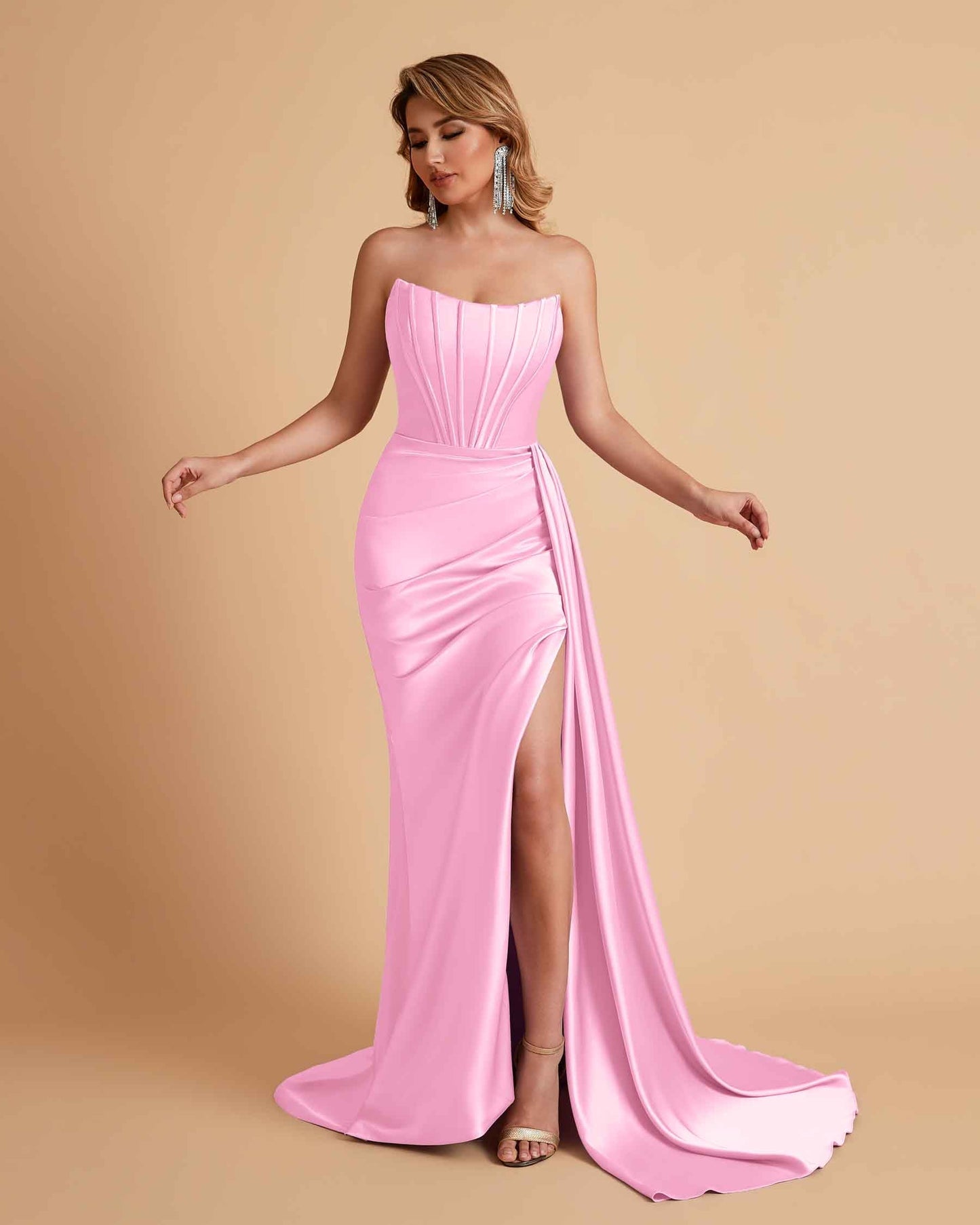 Sexy Satin Sleeveless Pleats Mermaid Bridesmaid Dresses Side Slit Floor Length