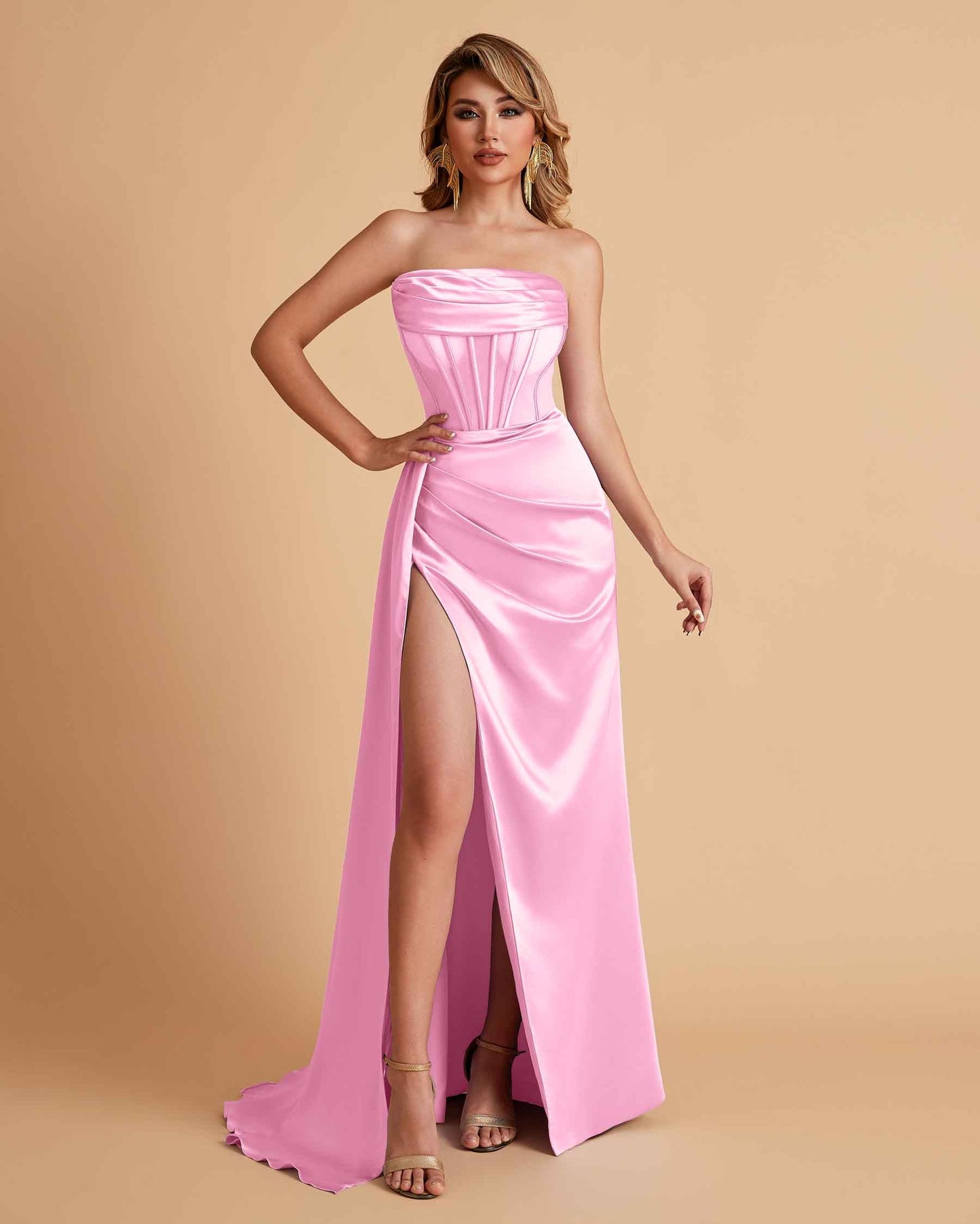 Sexy Satin Strapless Pleats Mermaid Bridesmaid Dresses Side Slit Floor Length