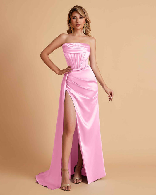 Sexy Satin Strapless Pleats Mermaid Bridesmaid Dresses Side Slit Floor Length