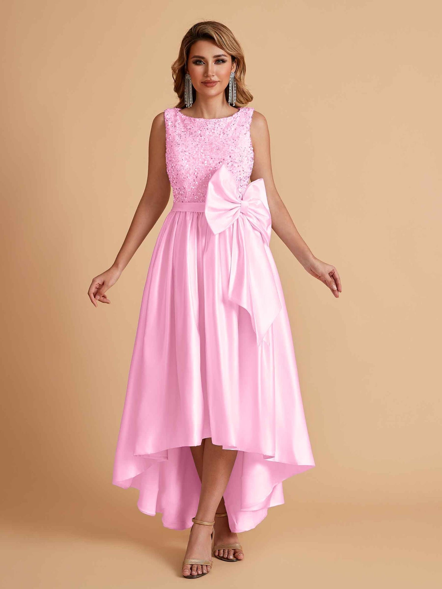 Sparkly Satin Sleeveless Pleats A-line Bridesmaid Dresses High-Low