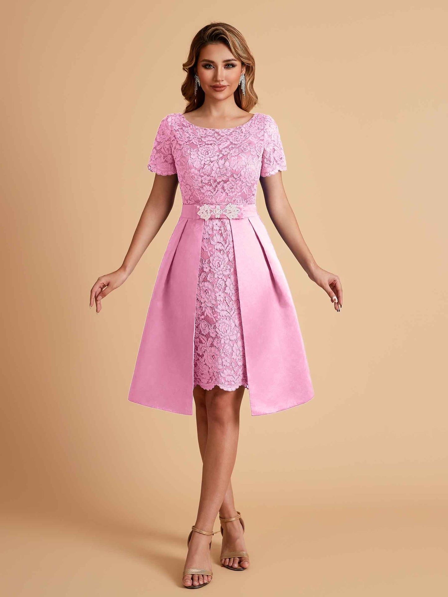 Elegant A-line Short Sleeves Jewel Knee Length Mother of the Brides Dresses