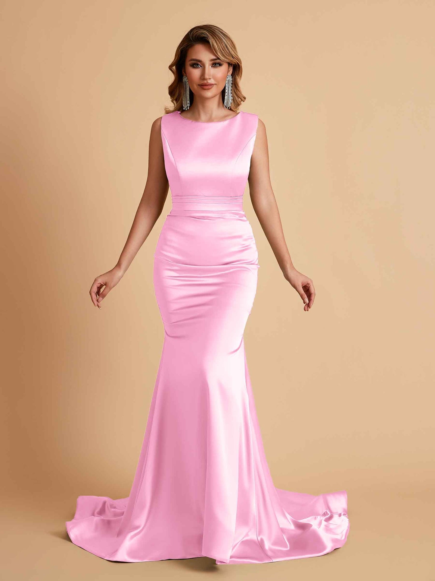 Elegant Satin Sleeveless Pleats Mermaid Bridesmaid Dresses Floor Length