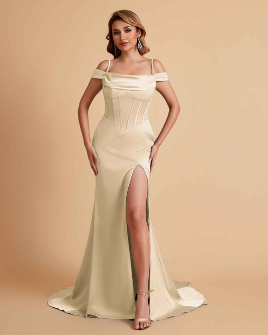 Sexy Satin Spaghetti Straps Off-Shoulder Side Slit Floor Length Mermaid Bridesmaid Dresses