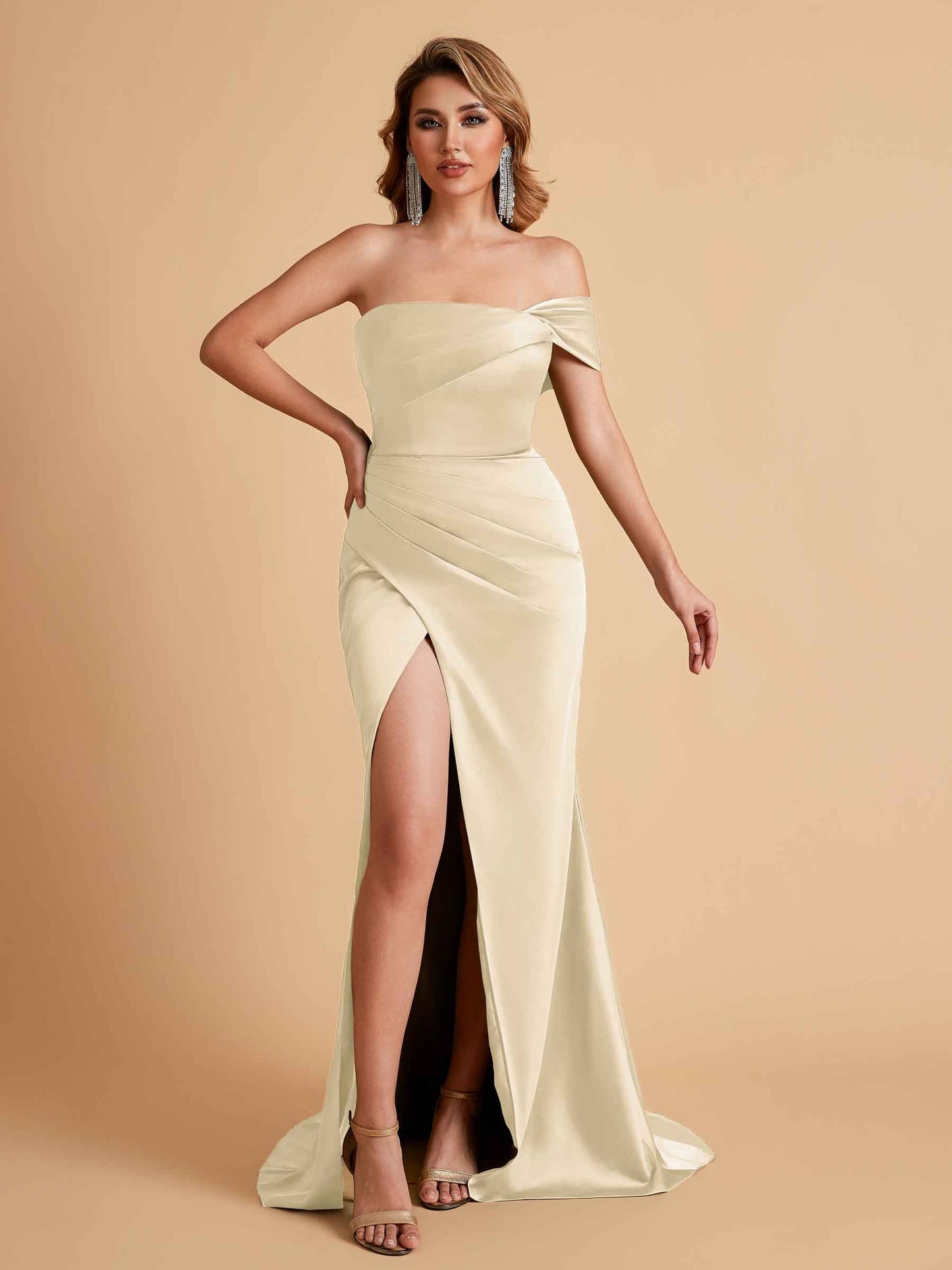Sexy Satin One Shoulder Pleats Mermaid Bridesmaid Dresses Side Slit Floor Length
